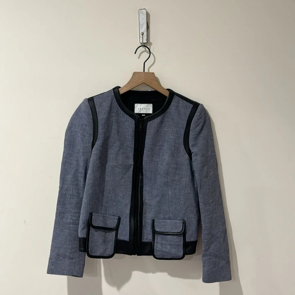 • Sandro Paris • Women’s Zip Up Blazer Jacket Blue & Black Lamb Leather Lining